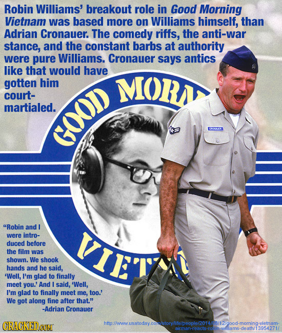 Robin Williams' breakout role in Good Morning Vietnam was based more on Williams himself, than Adrian Cronauer. The comedy riffs, the anti-war stance,
