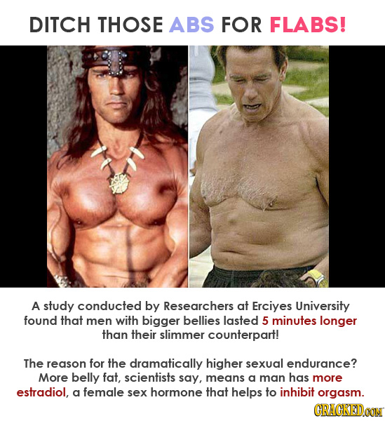 DITCH THOSE ABS FOR FLABS! A study conducted by Researchers at Erciyes University found that men with bigger bellies lasted 5 minutes longer than thei