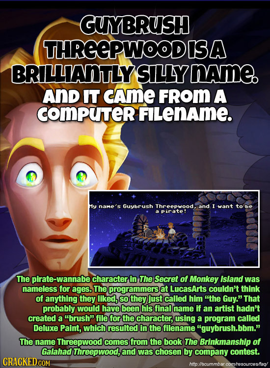 GUMYBRUSH THREEPWOODIS A BRILLIANTLYSILLYD NAME AND IT cAmE FROM A COMPUTER FILeNAmE. y name's Guybrush Threepwood, and I want to be a pirate! The -wa