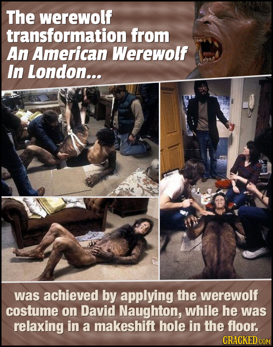 The werewolf transformation from An American Werewolf In London... was achieved by applying the werewolf costume on David Naughton, while he was relax