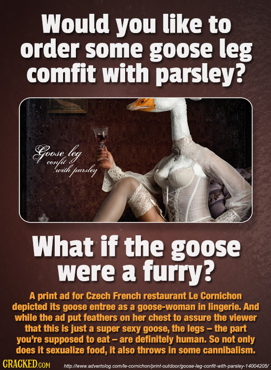 Would you like to order some GOOse leg comfit with parsley? Goose log confit with parstey What if the goose were a furry? A print ad for Czech French 