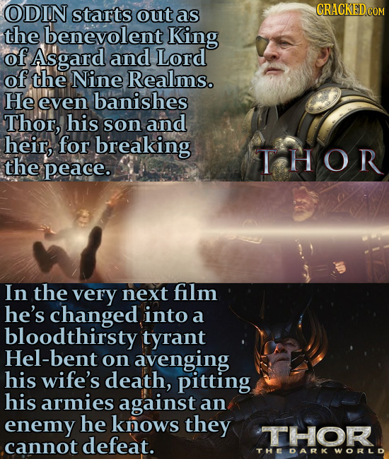 ODIN starts out as the benevolent King of Asgard and Lord of the Nine Realms. He even banishes Thor, his son and heir, for breaking TCH OR the peace.