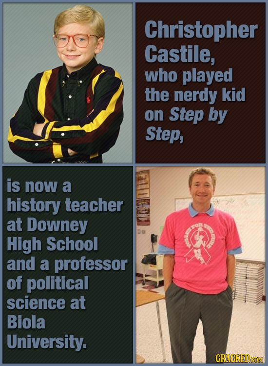 Christopher Castile, who played the nerdy kid on Step by Step, is now a history teacher at Downey s0 Ton High School Oont and a professor of political