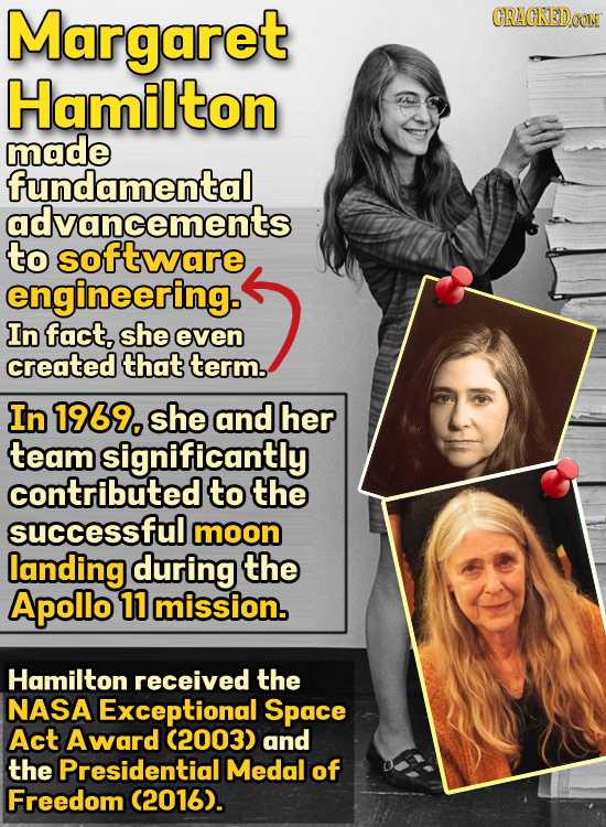 Margaret CRACKEDOON Hamilton made fundamental advancements to software engineering. In fact. she even created that term. In 1969, she and her team sig