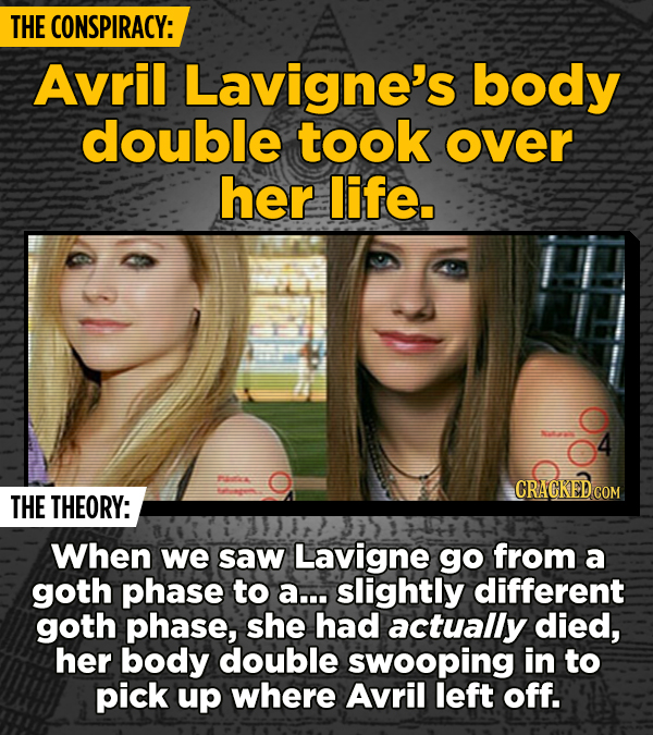 THE CONSPIRACY: Avril Lavigne's body double took over her life. THE THEORY: When we saw Lavigne go from a goth phase to a... slightly different goth p