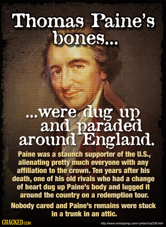 Thomas Paine's bones... ...were dug up and paraded around England. Paine was a staunch supporter of the U.S., alienating pretty much everyone with any