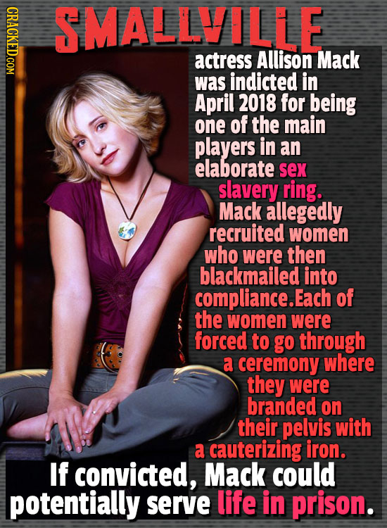SMALLVILLE actress Allison Mack was indicted in April 2018 for being one of the main players in an elaborate sex slavery ring. Mack allegedly recruite