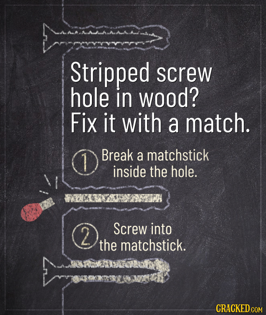 Stripped screw hole in wood? Fix it with a match. Break a matchstick inside the hole. 2 Screw into the matchstick. CRACKED