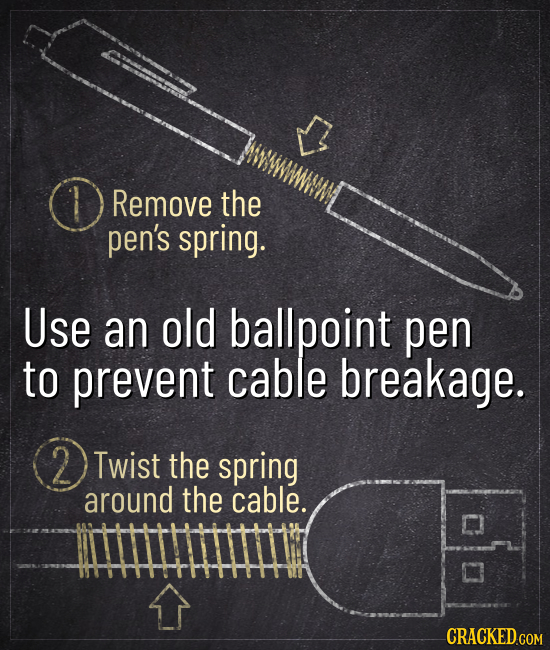 Remove the pen's spring. Use an old ballpoint pen to prevent cable breakage. 2 Twist the spring around the cable. CRACKEDC