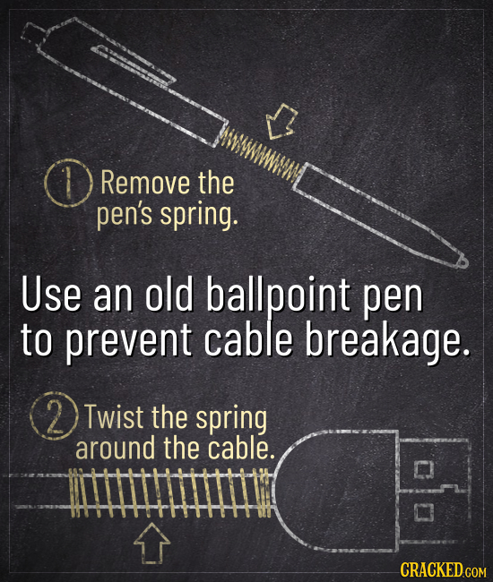 Remove the pen's spring. Use an old ballpoint pen to prevent cable breakage. 2 Twist the spring around the cable. CRACKEDC 