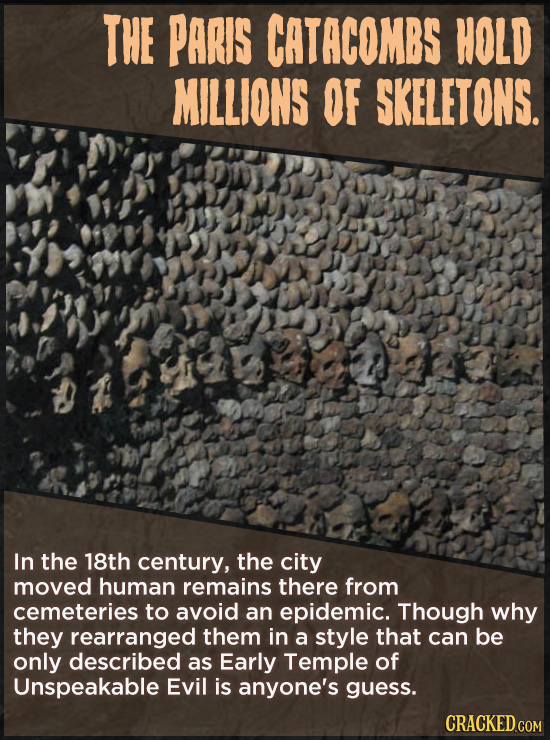 THE PARIS CATACOMBS HOLD MILLIONS OF SKELETONS. In the 18th century, the city moved human remains there from cemeteries to avoid an epidemic. Though w
