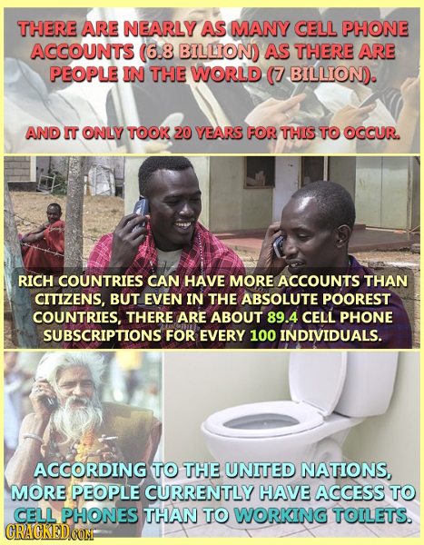THERE ARE NEARLY AS MANY CELL PHONE ACCOUNTS (6.8 BILLION AS THERE ARE PEOPLE IN THE WORLD (7 BILLION. AND N ONLY TOOK 20 YEARS FOR THIS TO OCCUR RICH