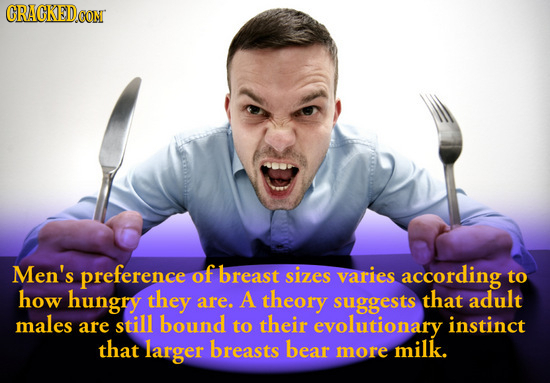CRACKED CON Men's preference of breast sizes varies according to how hungry they are. A theory suggests that adult males are still bound to their evol