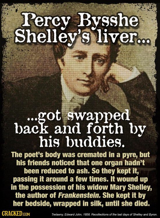 Percy Bysshe Shelley's liver... ...got swapped back and forth by his buddies. The poet's body was cremated in a pyre, but his friends noticed that one