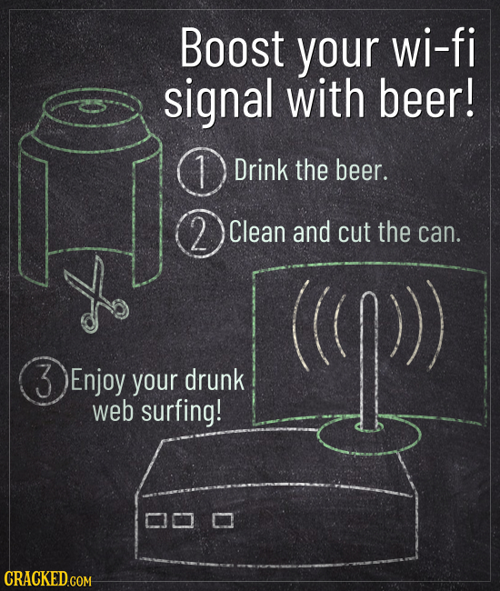 Boost your wi-fi signal with beer! Drink the beer. 2 Clean and cut the can. 3Enjoy Enjoy your drunk web surfing!