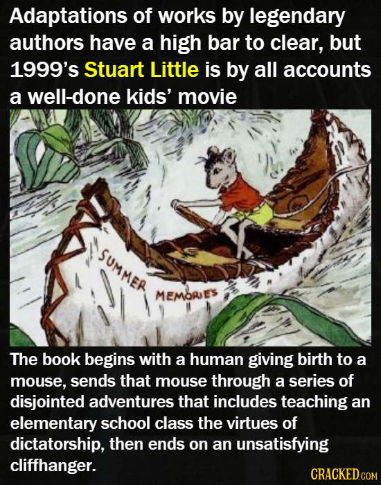 Adaptations of works by legendary authors have a high bar to clear, but 1999's Stuart Little is by all accounts a well-done kids' movie SUMMER MEMORE'