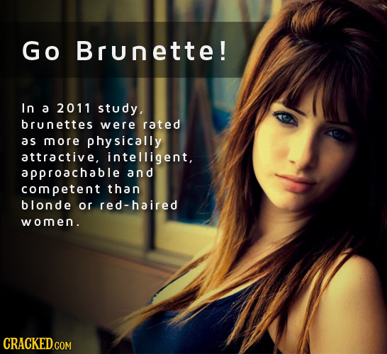 Go Brunette! ln a 2011 study, brunettes were rated as more physically attractive, intelligent, approachable and competent than blonde or red-haired wo