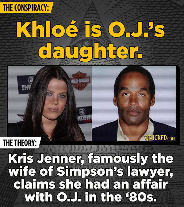 THE CONSPIRACY: Khloe is O.J.'s daughter. THE THEORY: Kris Jenner, famously the wife of Simpson's lawyer, claims she had an affair with O.J. in the '8