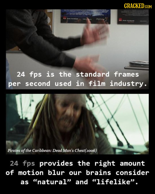 24 fps is the standard frames per second used in film industry. Pirates of the Caribbean: Dead man's Chest(2006) 24 fps provides the right amount of m