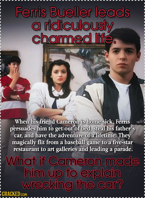 Ferris Bueller leads a ridiculously charmed life. When his friend Cameron is home sick, Ferris persuades him to get out of bed, steal his father's car