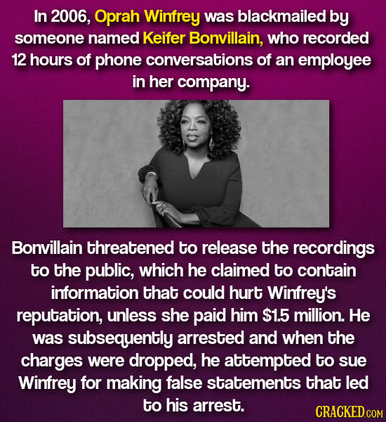 In 2006, Oprah Winfrey was blackmailed by someone named Keifer Bonvillain, who recorded 12 hours of phone conversations of an employee in her company.