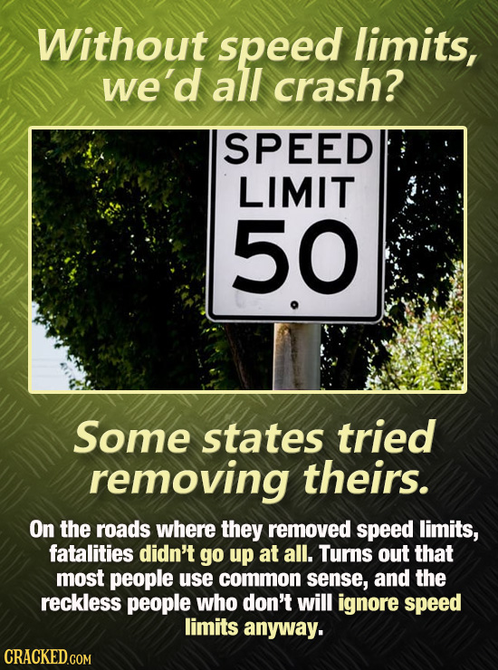 Without speed limits, we'd all crash? SPEED LIMIT 50 Some states tried removing theirs. On the roads where they removed speed limits, fatalities didn'