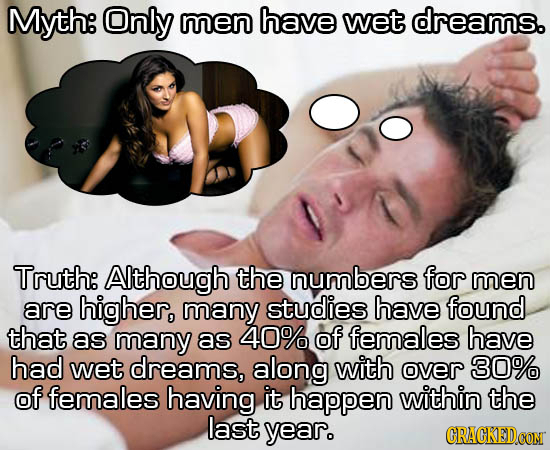 Myth: Only men have wet dreams. Truth: Although the numbers for men are higher, many studies have found that as many as 40% of females have had wet dr