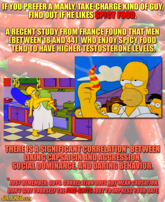 IF YOU PREFER A MANLY, TAKE-CHARGE KIND OF GUY, FIND OUT IF HE LIKES SPICY FOOD. A RECENT STUDY FROM FRANCE FOUND THAT MEN (BETWEEN 18 AND 44) WHO ENJ