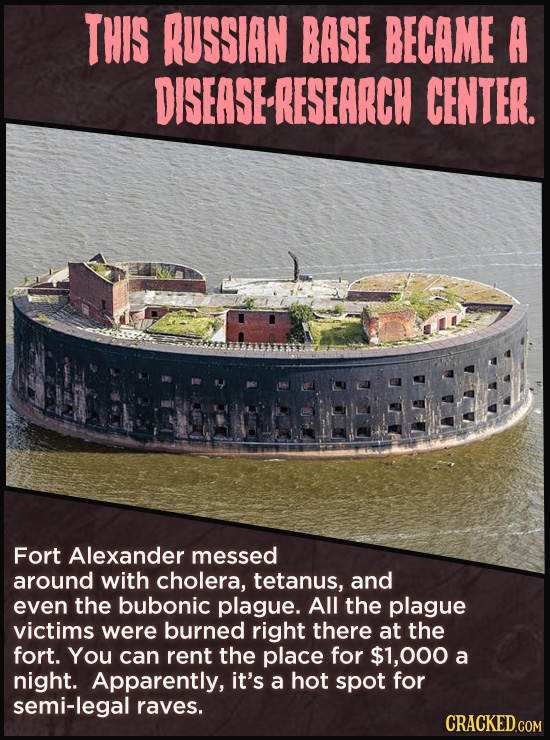 THIS RUSSIAN BASE BECAME A DISEASERESEARCH CENTER. Fort Alexander messed around with cholera, tetanus, and even the bubonic plague. All the plague vic