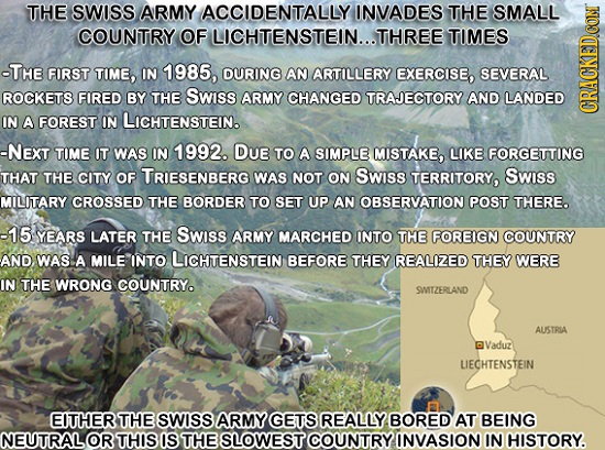 THE SWISS ARMY ACCIDENTALLY INVADES THE SMALL COUNTRY OF LICHTENSTEIN...T THREE TIMES -THE FIRST TIME, IN 1985, DURING AN ARTILLERY EXERCISE, SEVERAL