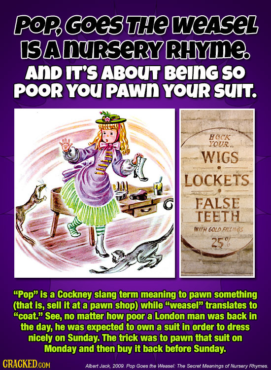 POP, GOES THE WEASEL IS A nurserY RHYME And IT'S ABOUT BEING SO POOR YoU PAWN YOUR SUIT. HOCK YOUR.. WIGS LOCKETS G FALSE TEETH WITH GOLD FILIMS 25%