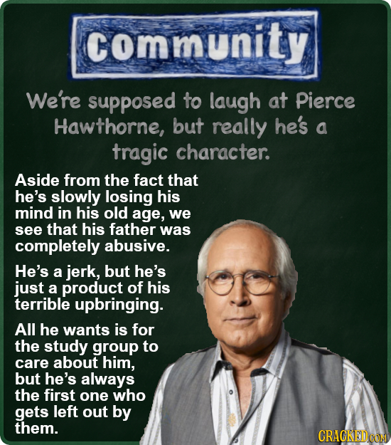 community We're supposed to laugh at Pierce Hawthorne, but really he's a tragic character. Aside from the fact that he's slowly losing his mind in his