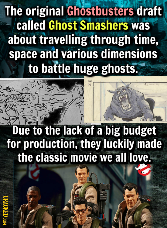 The original Ghostbusters draft called Ghost Smashers was about travelling through time, space and various dimensions to battle huge ghosts. FURE Due
