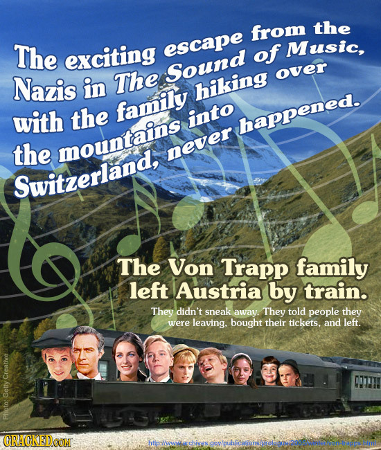 from the The exciting escape of Music, Sound Nazis in The over hiking with the family into happened. the mountains never Switzerland, The Von Trapp fa