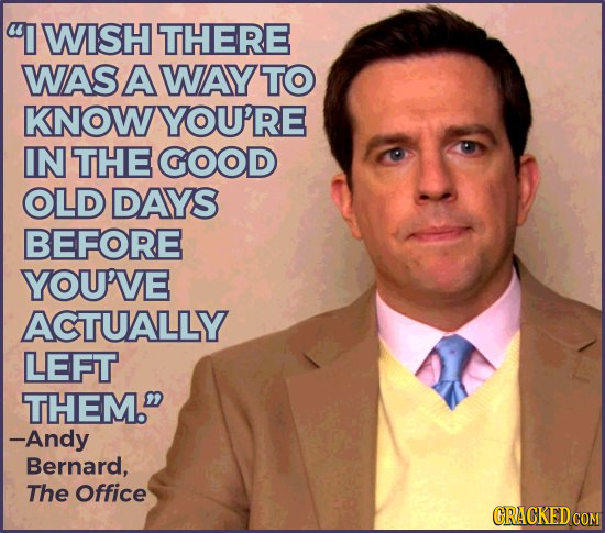 I WISH THERE WAS AWAY TO KNOWYOU'RE IN THE GOOD OLD DAYS BEFORE YOU'VE ACTUALLY LEFT THEM. -Andy Bernard, The Office CRACKED COM