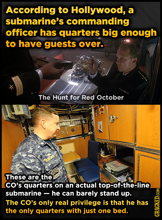 According to Hollywood, a submarine's commanding officer has quarters big enough to have guests over. The Hunt for Red October These are the CO's.quar