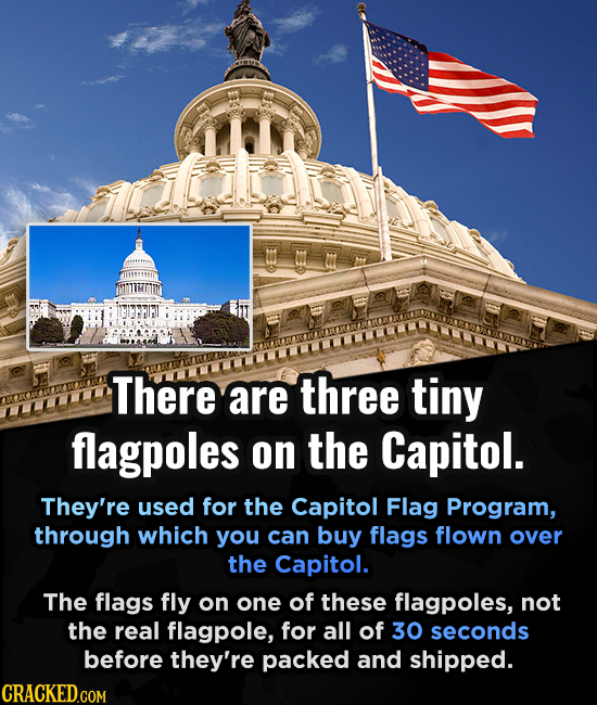 There are three tiny flagpoles on the Capitol. They're used for the Capitol Flag Program, through which you can buy flags flown over the Capitol. The