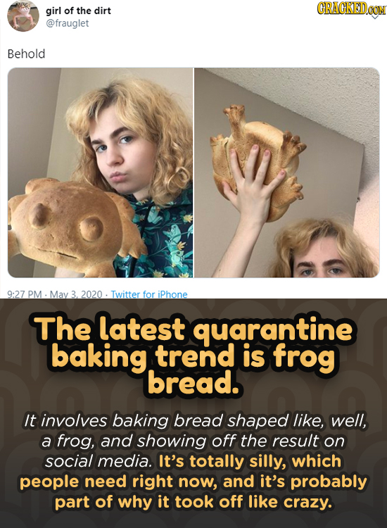 CRACKEDOON girl of the dirt @frauglet Behold 9:27 PM Mav 3. 2020 Twitter for iPhone The latest quarantine baking trend is frog bread. It involves baki