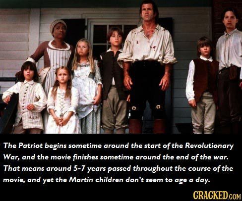 The Patriot begins sometime around the start of the Revolutionary War, and the movie finishes sometime around the end of the war. That means around 5-