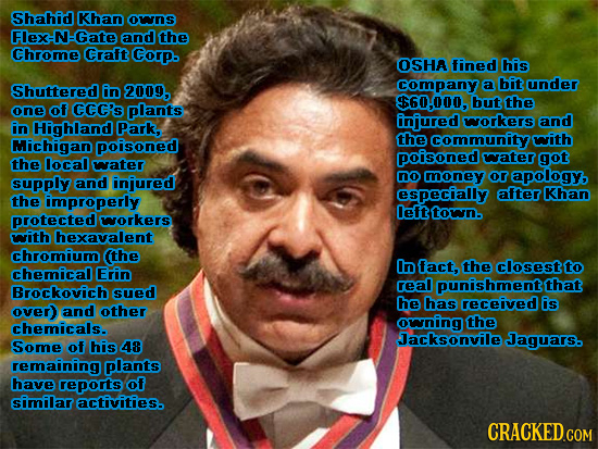 Shahfid Khan owns Flex NGate and the Chrome Craft Corp. OSHA fined his a bit under Shuttered in 2009, company $60,000, but the one of CCC'S plants inj