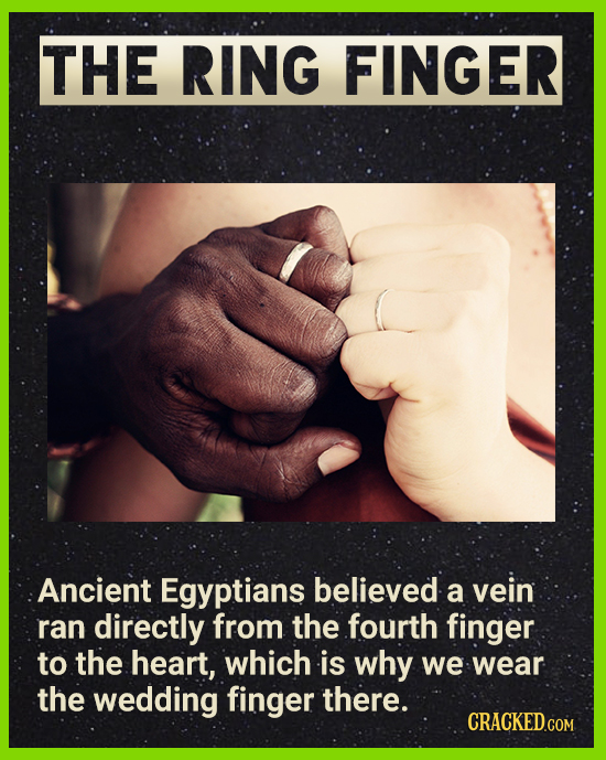 THE RING FINGER Ancient Egyptians believed vein a ran directly from the fourth finger to the heart, which is why we wear the wedding finger there. CRA