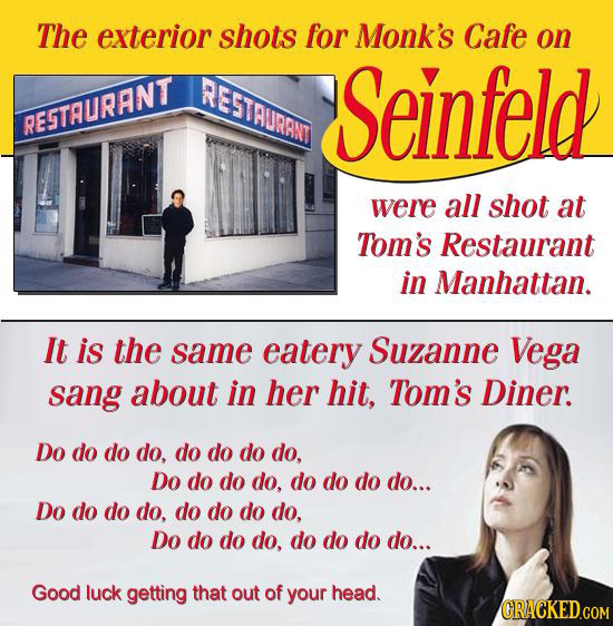 The exterior shots for Monk's Cafe on REGTAURANT Seinfeld RESTAURANT were all shot at Tom's Restaurant in Manhattan. It is the same eatery Suzanne Veg