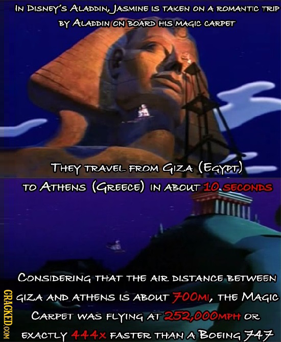 IN DISNEY'S ALADDINJASMINE IS TAKEN ON A ROMANTC TRIP BY ALADDIN ON BOARD HIS MAGIC CARPET THEY TRAVEL FROM GIzA (EGYPT) TO ATHENS (GREECE) IN ABOUT 1