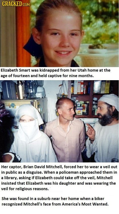 CRACKED.COM Elizabeth Smart was kidnapped from her Utah home at the age of fourteen and held captive for nine months. Her captor, Brian David Mitchell