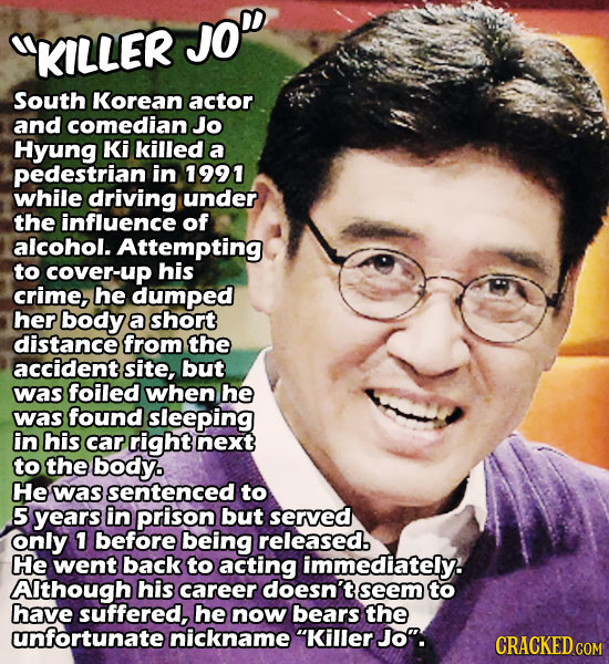 JO KILLER South Korean actor and comedian Jo Hyung Ki killed a pedestrian in 1991 while driving under the influence of alcohol. Attempting to cover-