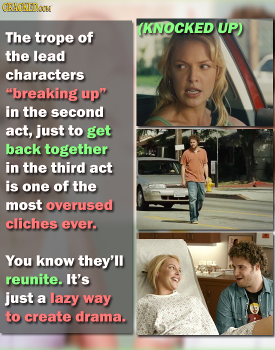 CRACKEDOON (KNOCKED UP) The trope of the lead characters breaking up in the second act, just to get back together in the third act is one of the mos