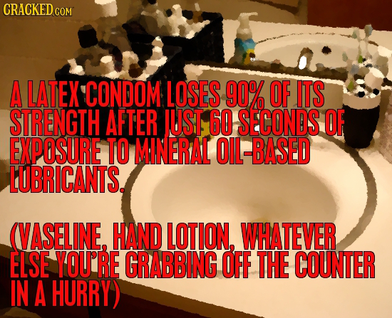 CRACKEDcO COM A LATEX CONDOM LOSES 9O% OF ITS STRENGTH AFTER JUST 60 SECONDS OF EXPOSURE TO MINERAL OIL-BASED LUBRICANTS. (VASELINE, HAND LOTION, WHAT