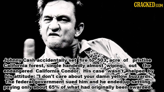 Johnny set fire to 503 acre of pristine California forest,ingle handedly almost wiping out the endangered California Condor. His case wasn't, helped b