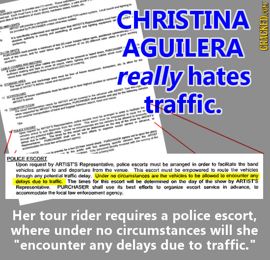 CHRISTINA AGUILERA CRAGH really hates traffic. POLICE ESCORT Upon request by ARTISTS Representative. police escorts must be arranged in order 1o facil