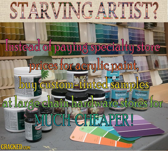 STARVINGARTIST? Instead of paying specialty store prices for acrylic paint, buy custom~tinted samples MARTHA MARTHAI large chain hardware LIVIN *LIVIN